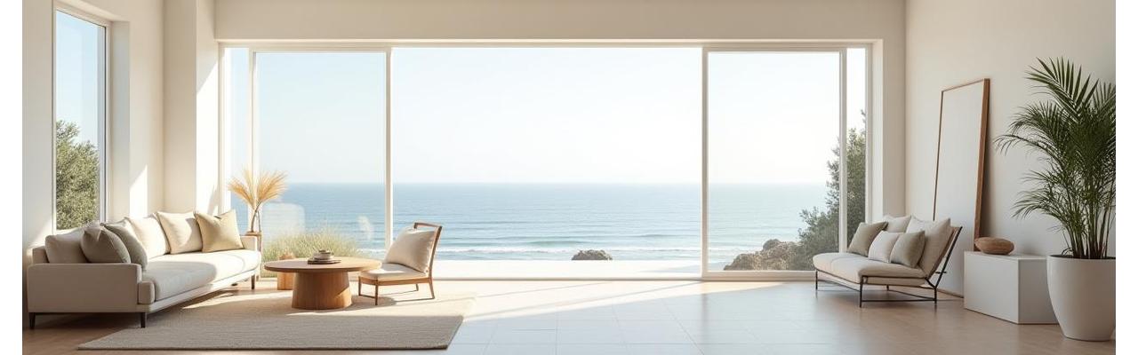 Light filtered coastal studio space with calming ocean views background