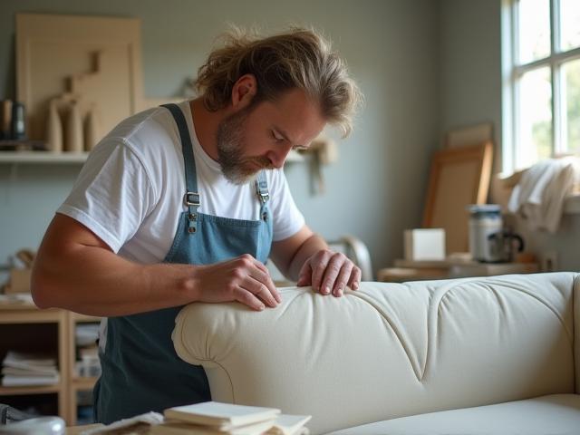 Craftsman upholstering bespoke coastal furniture in studio