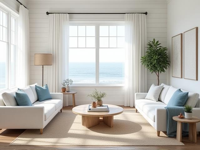 Coastal style living room with white shiplap walls and natural textures