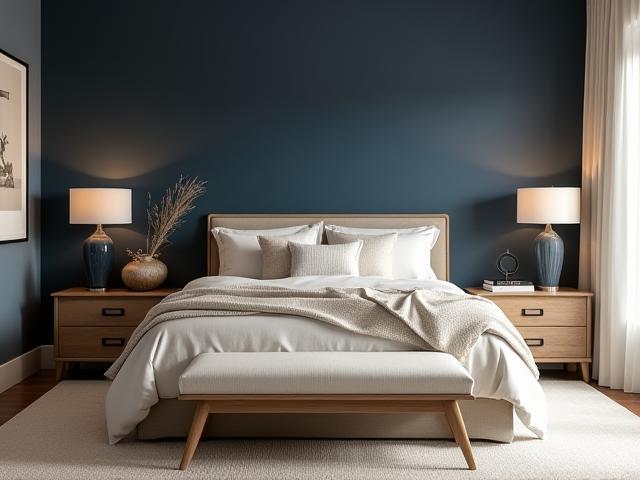 Coastal bedroom with navy accent wall and natural linen textiles