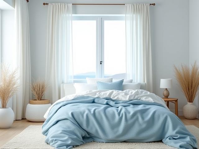Serene coastal bedroom retreat with soft blues and minimalist furniture