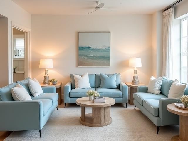 Boutique hotel lounge area featuring coastal design and cozy seating