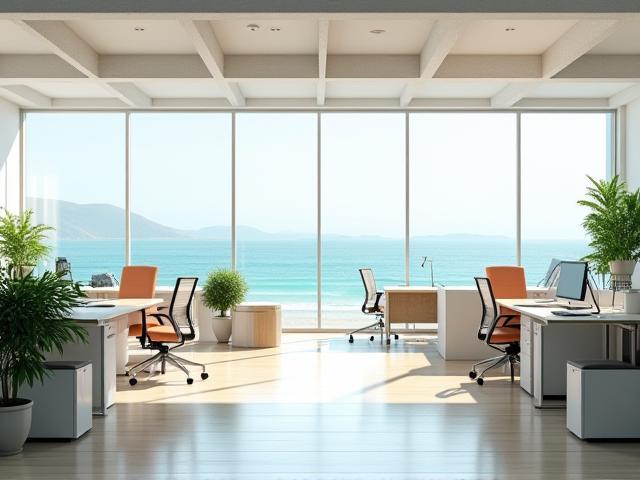 Bright open-plan coastal office with ergonomic furniture and plants