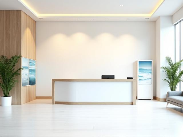 Modern coastal commercial reception area with clean lines and natural elements