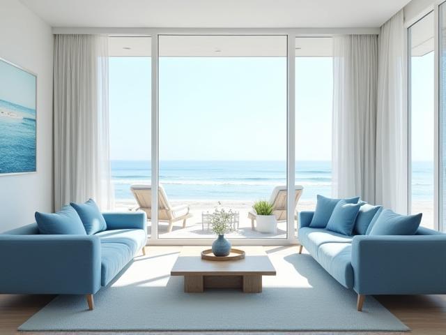 Modern beachside living room with blue accents and natural light
