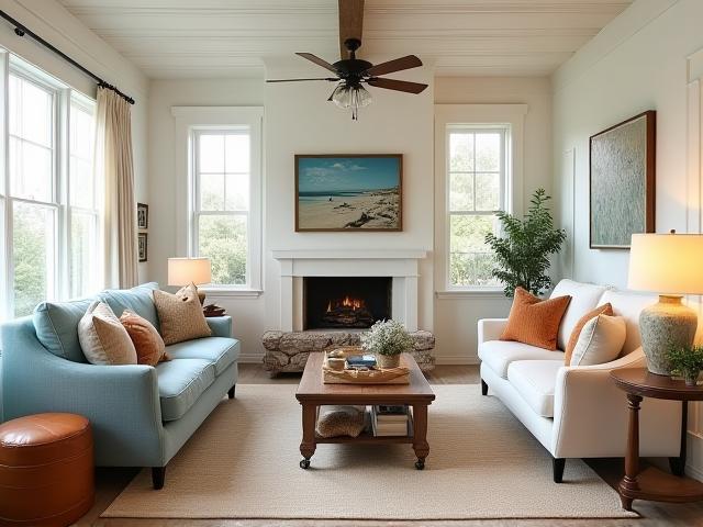 Coastal living room combining vintage and modern elements with warm accents