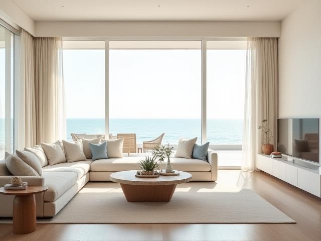 Spacious coastal living room with sandstone hues and airy interiors