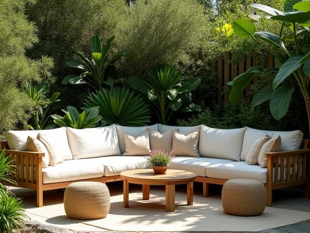 Coastal garden lounge with natural timber furniture and plants
