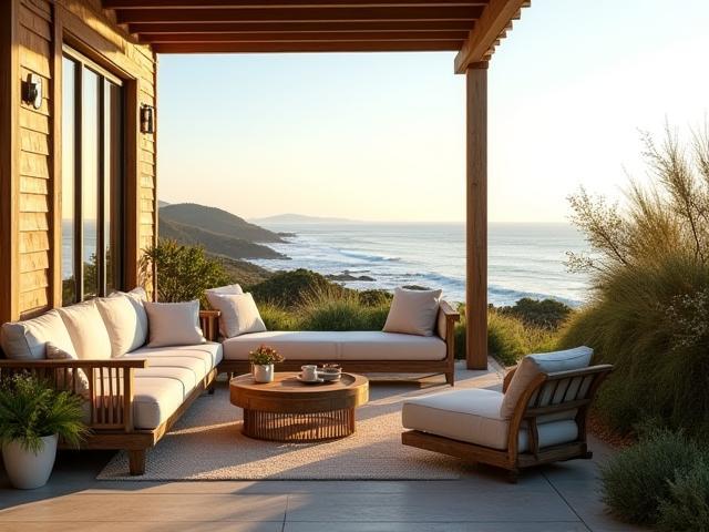 Coastal outdoor patio with ocean views and relaxed seating