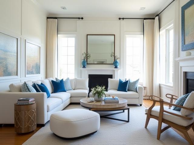 Modern Hamptons collection lifestyle image: timeless neutrals with blue accents