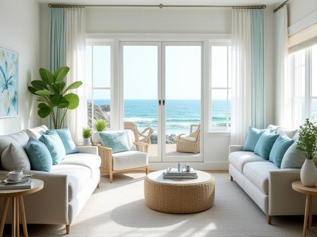 Seaside Serenity collection lifestyle image: airy coastal room in soft blues and whites