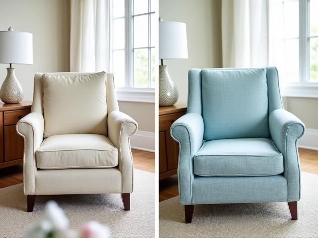 Before and after of living room chair custom upholstery