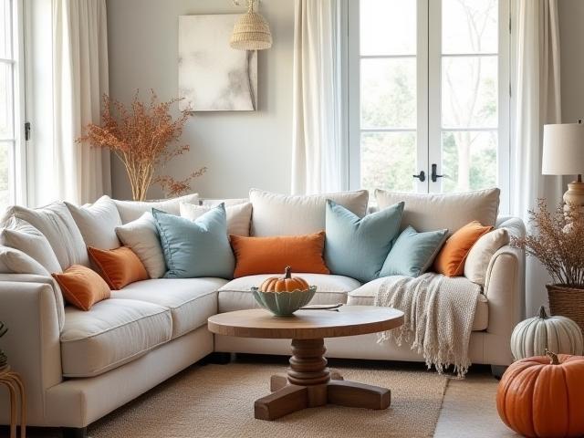 Cozy living room styled for seasonal decor with warm accents